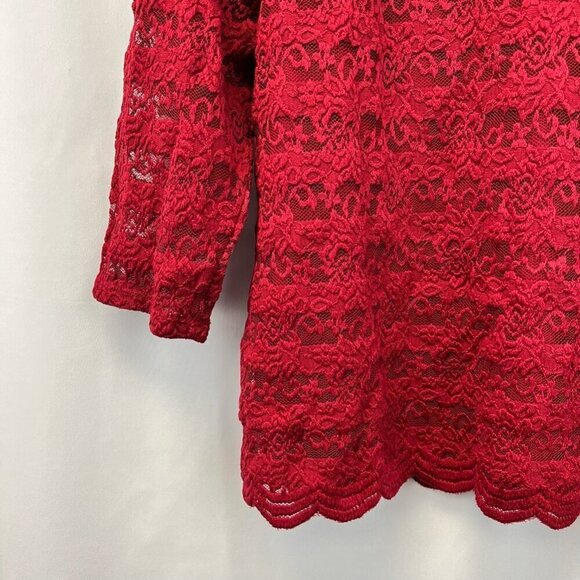 DB Established 1962 Womens Blouse Red Floral Lace Long Sleeve Lettuce Edge L - Picture 9 of 11